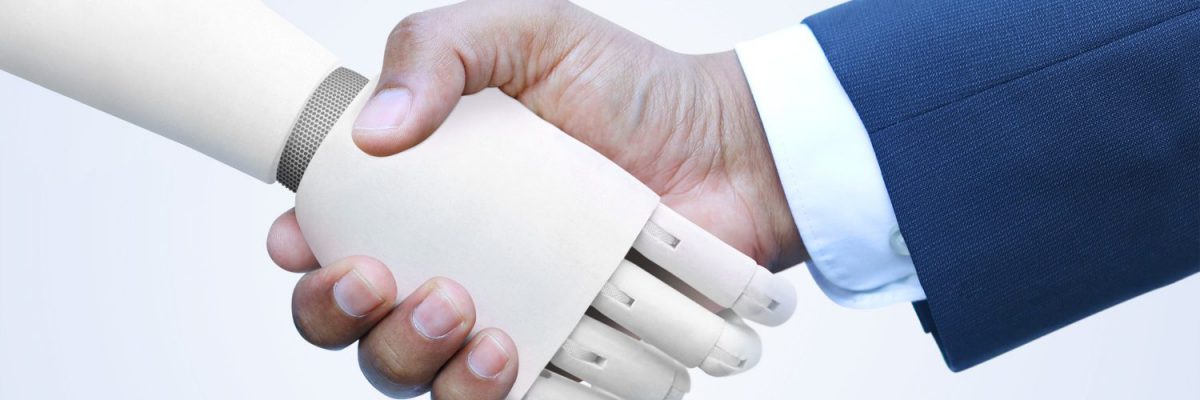 robot en mens geven elkaar een hand