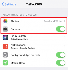 TriFact365 benodigde permissies voor mobiele app