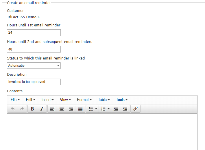 TriFact365 email reminder for invoice authorisation settings
